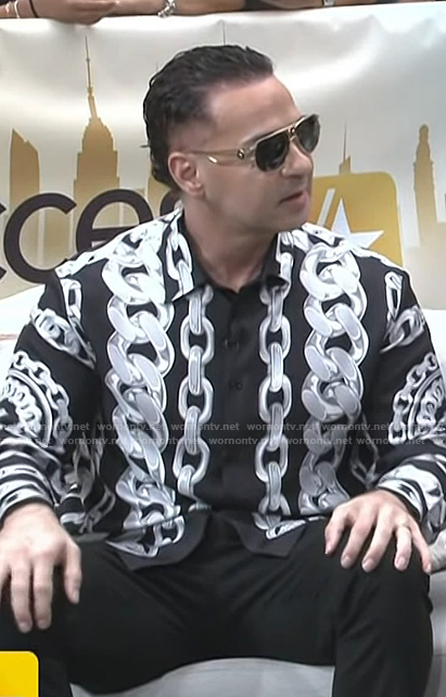 Michael Paul Sorrentino's black chain print shirt on Access Hollywood