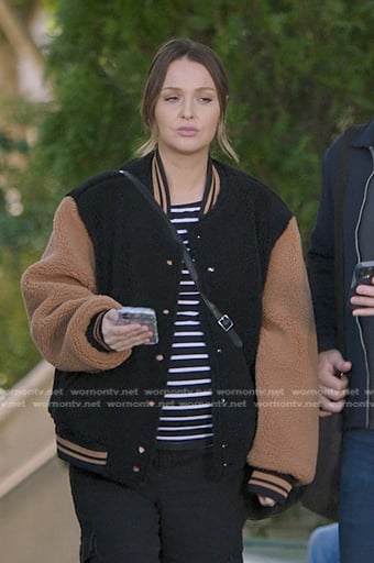 Jo's black and brown fleece varsity jacket on Greys Anatomy