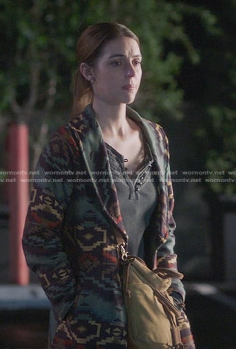 Jules' grey lace-trim top and aztec print coat on Greys Anatomy