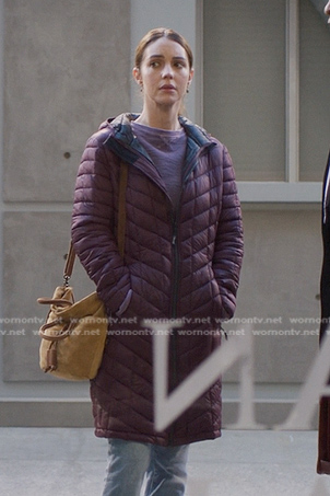 Jule's purple quilted puffer coat and crossbody batg on Greys Anatomy