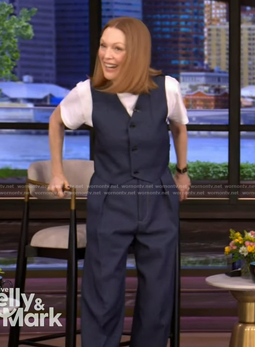Julianne Moore's navy vest and pants on Live with Kelly and Mark