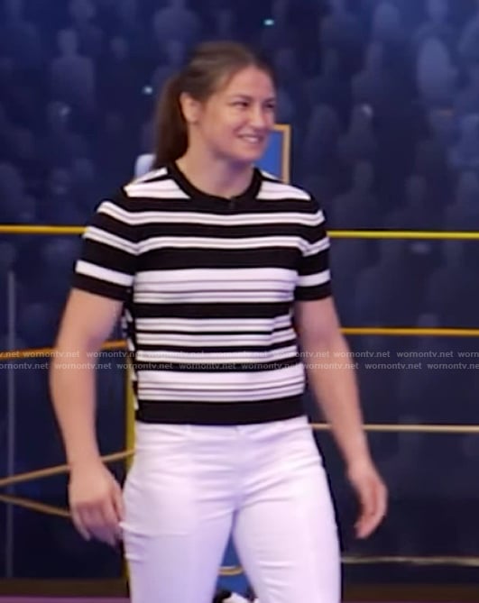 Katie Taylor's black and white striped tee on Live with Kelly and Mark