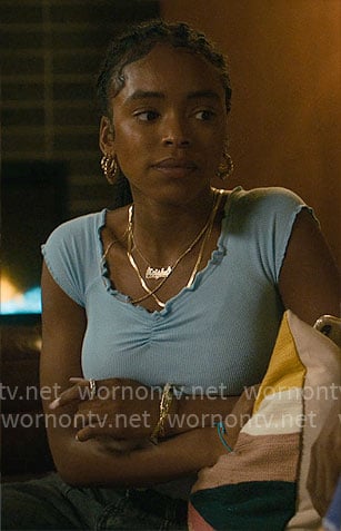 Keisha's blue ruffle trim top on Forever