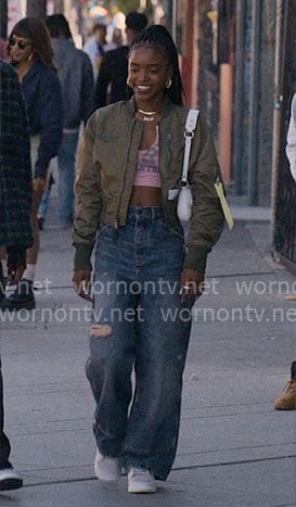 Keisha's pink crop top, green bomber jacket and jeans on Forever
