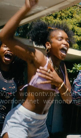Keisha's purple floral bikini top and grey shorts on Forever