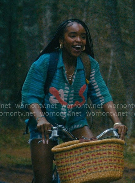 Keisha's green crochet shirt, pink wrap bikini and denim shorts on Forever