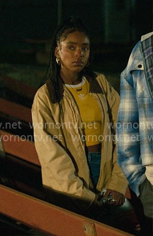 Keisha's yellow Adidas top and beige jacket on Forever