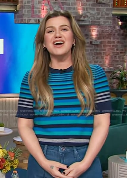 Kelly's blue striped short sleeve top on The Kelly Clarkson Show