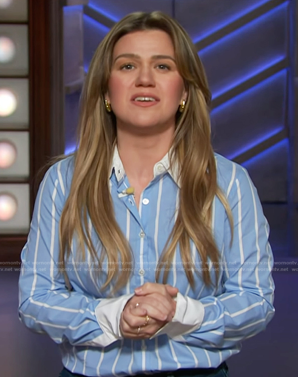 Kelly's blue striped shirt on The Kelly Clarkson Show