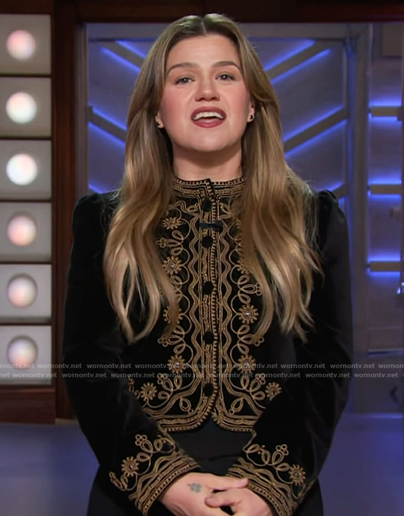 Kelly's black embroidered jacket on The Kelly Clarkson Show