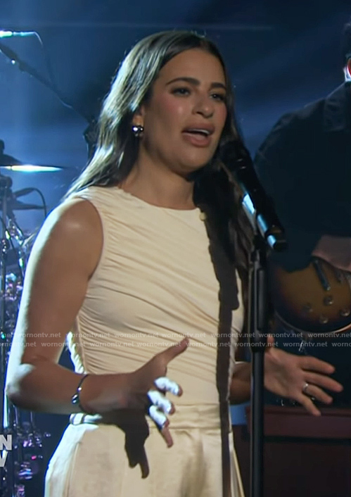 Lea Michele's white ruched top on The Kelly Clarkson Show