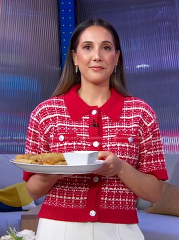 Leah Cohen's red short sleeve tweed jacket on Good Morning America