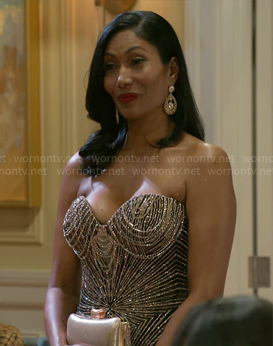 Leslie's embellished strapless evening gown on Beyond the Gates