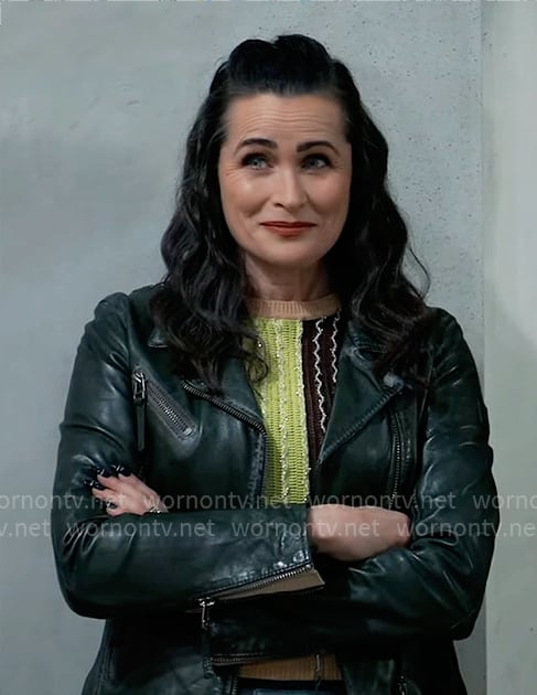 Lois's metallic colorblock knit top and leather jacket on General Hospital