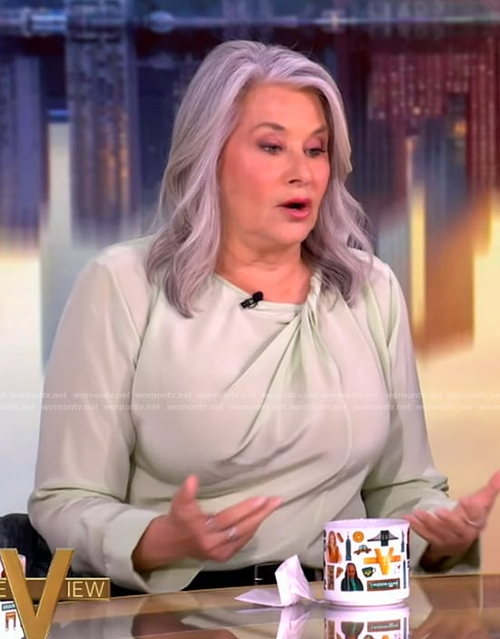 Lorraine Bracco's mint twisted blouse on The View