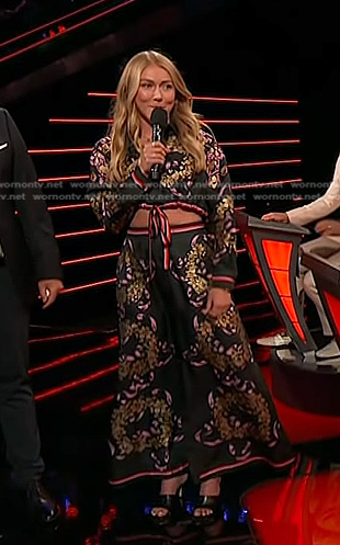 Mikaela Shiffrin's black floral cropped shirt and skirt on The Voice