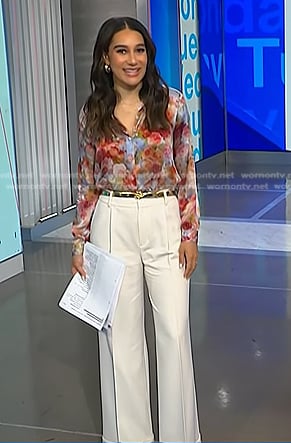 Morgan’s floral print blouse and white wide-leg pants on NBC News Daily