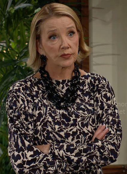 Nikki's printed blouse and skirt set on The Young and the Restless