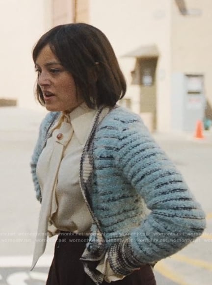 Quinn's blue marled cardigan on The Studio