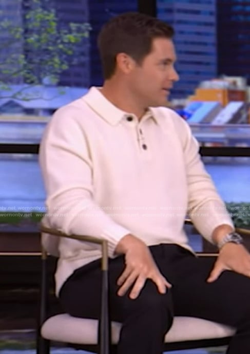 Adam Devine's white polo sweater on Live with Kelly and Mark