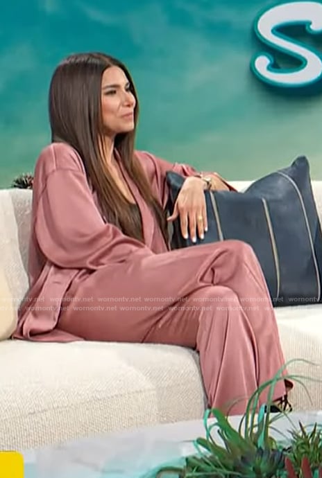 Roselyn Sanchez's pink satin blazer and pants on Access Hollywood