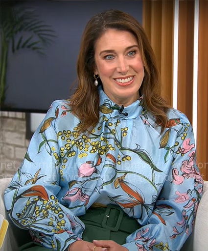 Sarah Gelman's blue floral blouse and green trousers on CBS Mornings