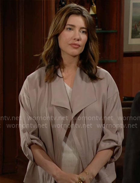 Steffy's taupe draped front jacket on The Bold and the Beautiful