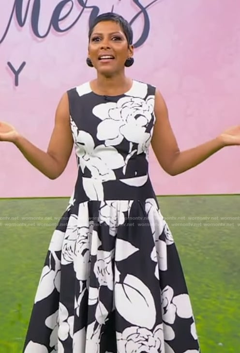 Tamron's black floral print flare dress on Tamron Hall Show