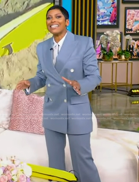 Tamron's blue blazer and pants on Tamron Hall Show