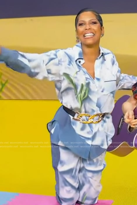 Tamron's blue floral print pajama set on Tamron Hall Show