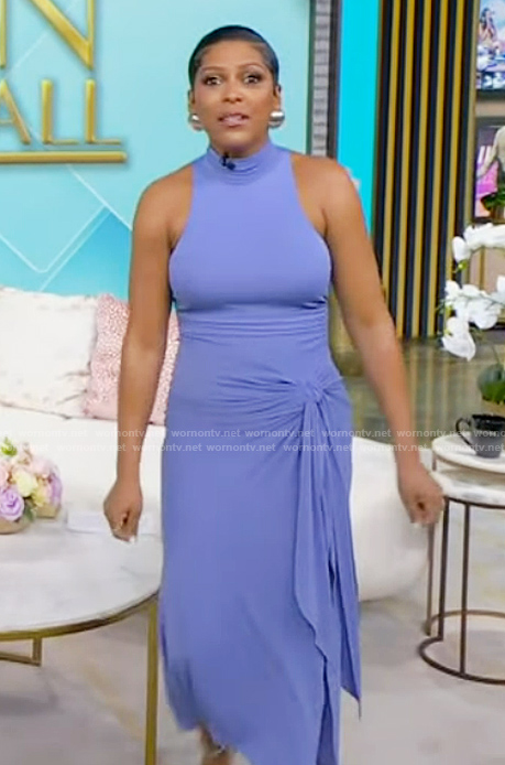 Tamron's blue tie waist sleeveless dress on Tamron Hall Show