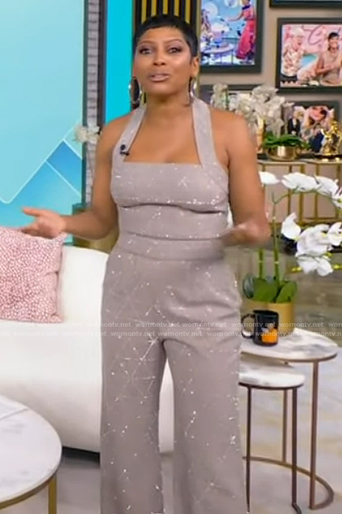 Tamron's gray metallic check jumpsuit on Tamron Hall Show