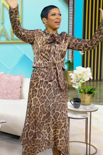 Tamron's leopard print top and skirt set on Tamron Hall Show