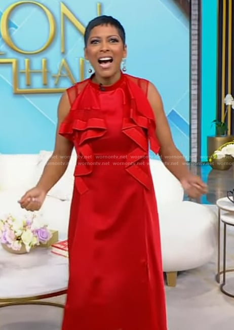 Tamron's red ruffle front sleeveless dress on Tamron Hall Show