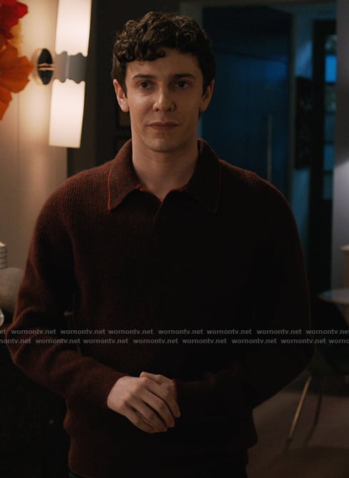 Teddy's maroon knit collared sweater on Elsbeth