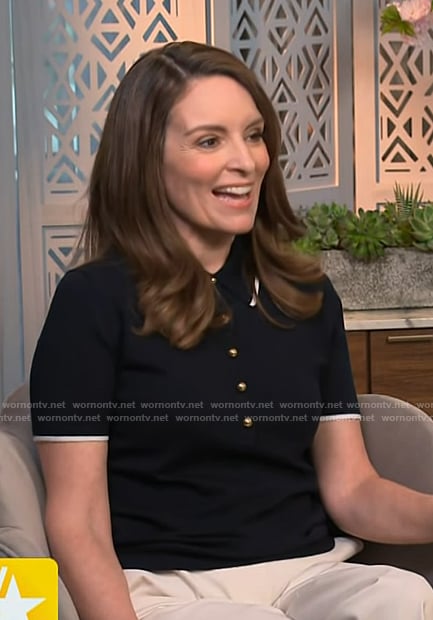 Tina Fey's navy contrast trim polo on Access Hollywood