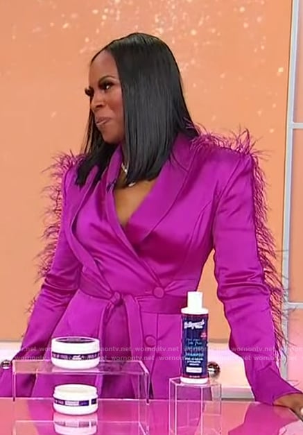 Tiffany Rose Dean's pink feather trim blazer dress on Sherri
