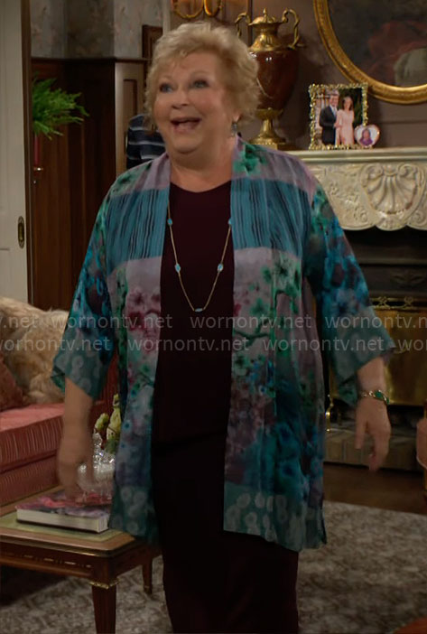 Traci's blue mixed print kimono jacket on The Young and the Restless