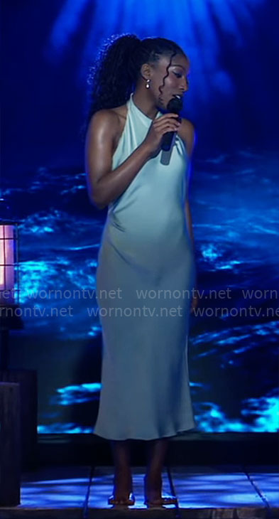 Trina's blue Nurses Ball performance dress on General Hospital