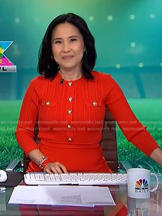 Vicky's red ribbed knit dress with gold buttons on NBC News Daily