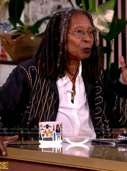 Whoopi's black embroidered jacket on The View