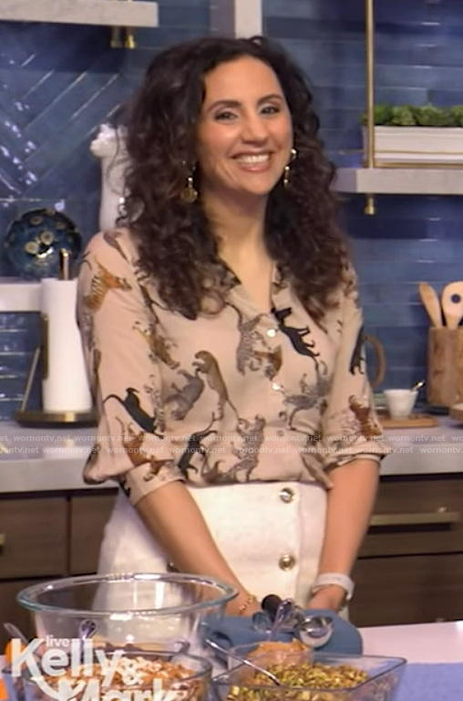 Yumna Jawad’s animal print blouse and skirt on Live with Kelly and Mark