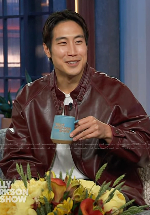 Young Mazino's burgundy leather jacket on The Kelly Clarkson Show