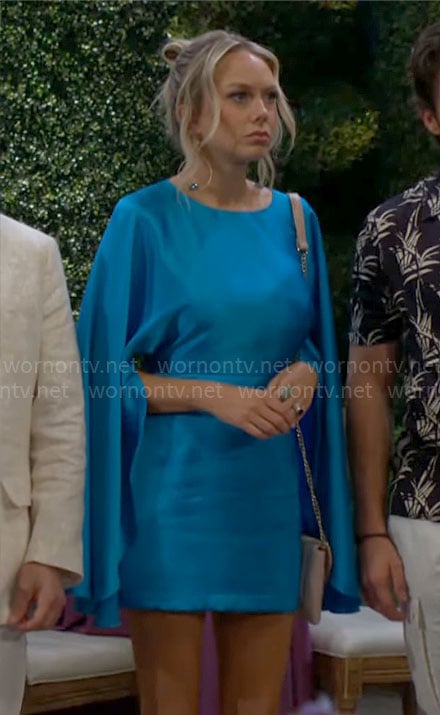 Abby's blue satin cape dress on The Young and the Restless