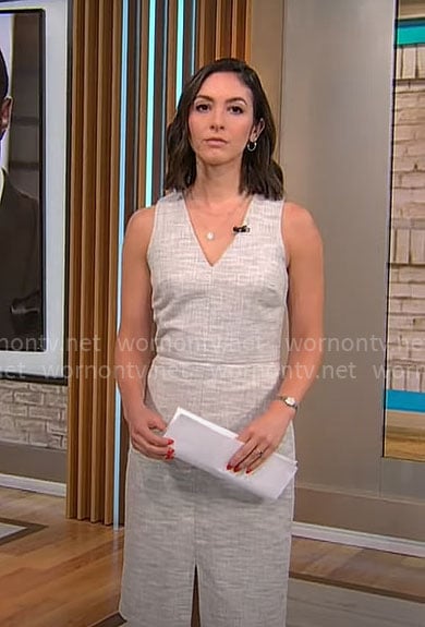 Ali Bauman's tweed v-neck sheath dress on CBS Mornings