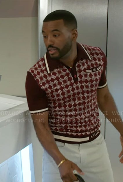 Andre's burgundy geometric printed polo shirt on Beyond the Gates