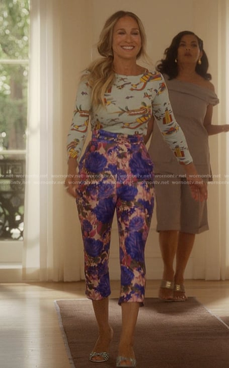 Carrie's floral print cropped pants on And Just Like That