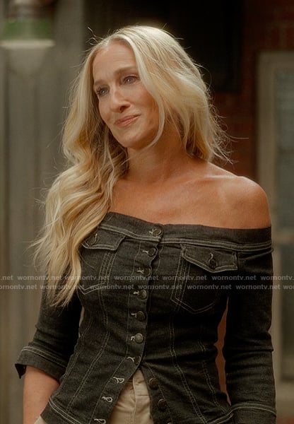 Carrie's black denim off shoulder vest on And Just Like That