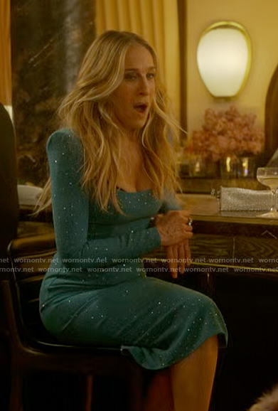 Carrie's blue embellished square neck dress on And Just Like That