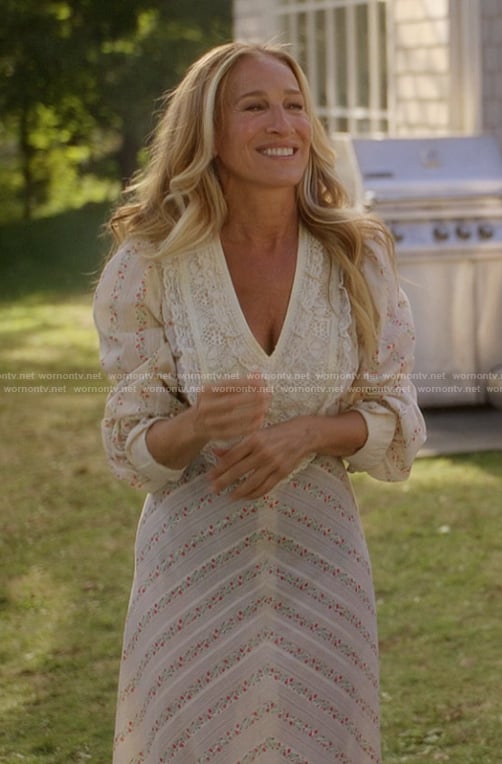 Carrie's white floral print lace dress on And Just Like That